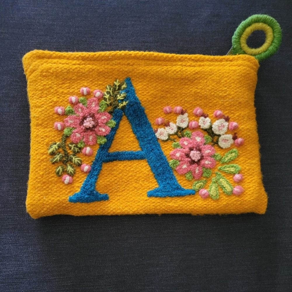 Jenny Krauss Monogram Pouch "A" Artisan made wool zippered pouch